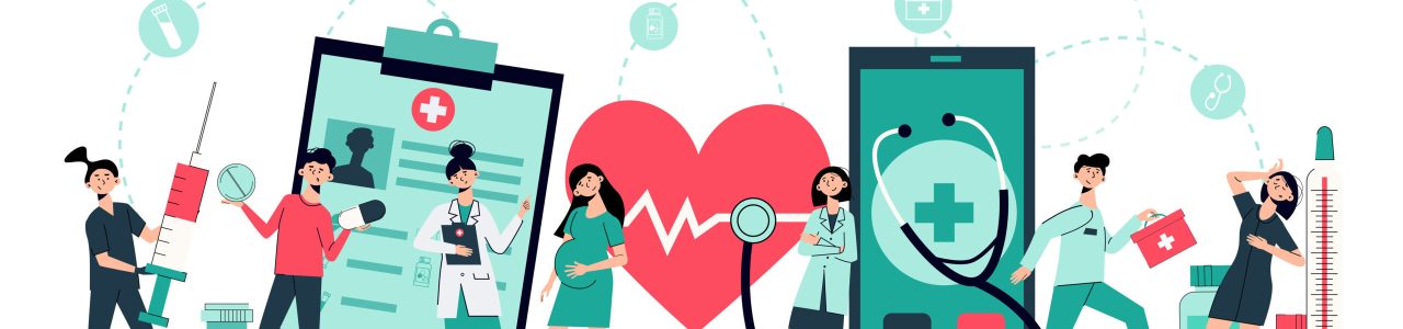 Telemedicine cartoon header title horizontal composition with heartbeat stethoscope online medical advice on tablet smartphone vector illustration