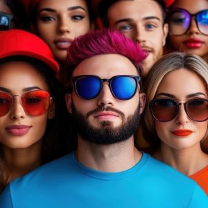 A contemporary photograph of a stylish group of individuals wearing sunglasses, showcasing modern urban fashion trends, diverse identities, and vibrant personal expression.