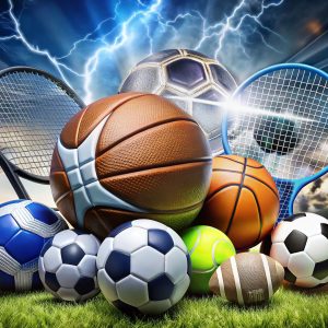 Sports balls on grass, dramatic sky, lightning