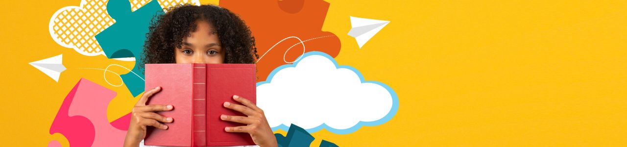 A child stands holding a red book, intrigued and focused. Bright colors and playful shapes surround her, representing learning and creativity. This scene captures the joy of education at school.