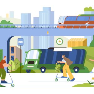 Sustainable transportation concept. Flat people use electric bus, eco friendly or ecological modes of public transport. Characters rent kick scooters, walk and lead active lifestyle in modern city.